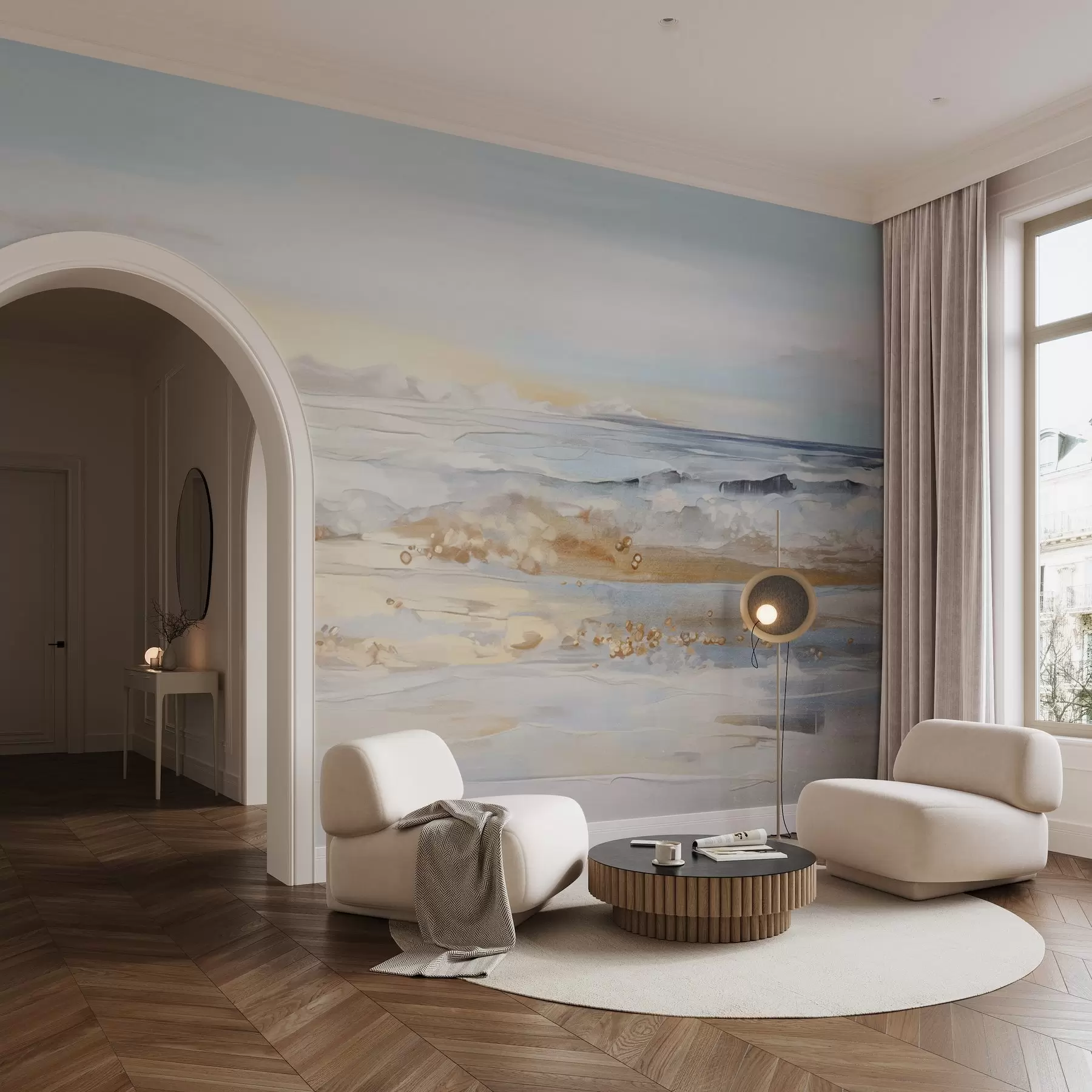 Fototapet Abstraktní texturovaná krajina oceánské vlny narážející na písečnou pláž, jemné pastelové barvy, modrá obloha s lehkými mraky w09234