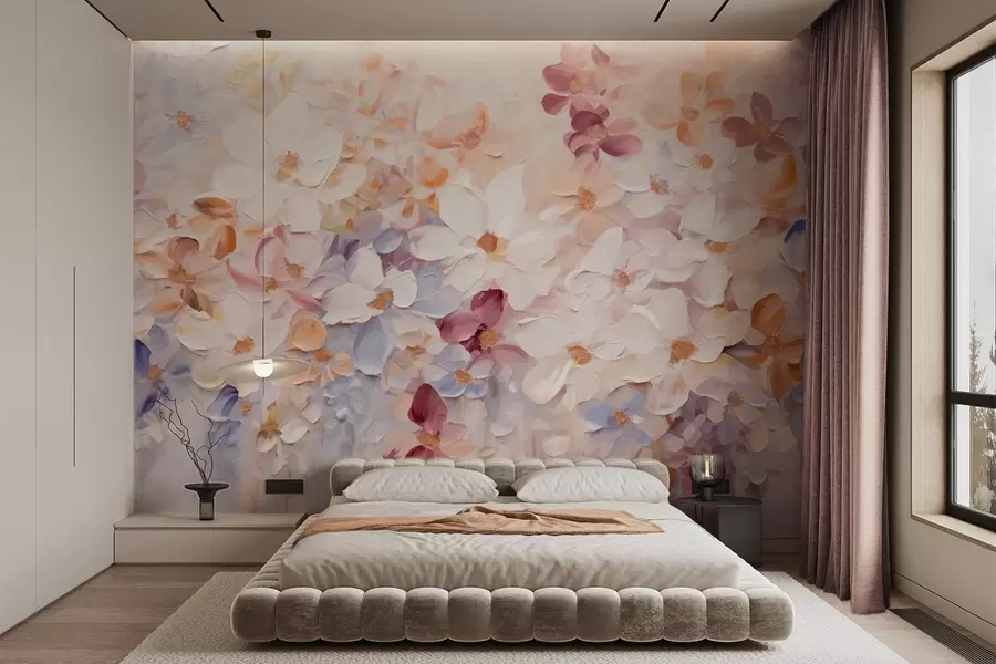 Fototapet Olejomalba imitující květinovou zahradu s bílými, růžovými a oranžovými květy, jemné tahy štětcem, pastelové tlumené barvy w09236