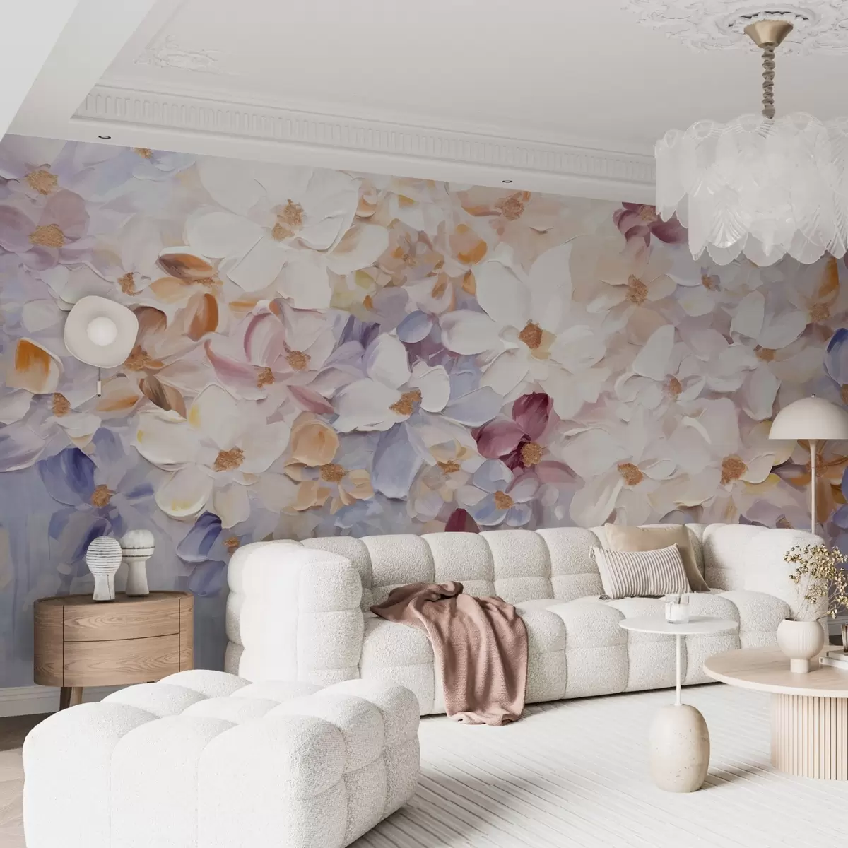 Fototapet Olejomalba imitující květinovou zahradu s bílými, růžovými a oranžovými květy, jemné tahy štětcem, pastelové tlumené barvy w09236