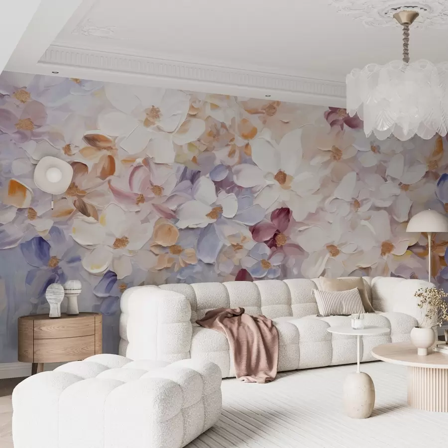 Fototapet Olejomalba imitující květinovou zahradu s bílými, růžovými a oranžovými květy, jemné tahy štětcem, pastelové tlumené barvy w09236