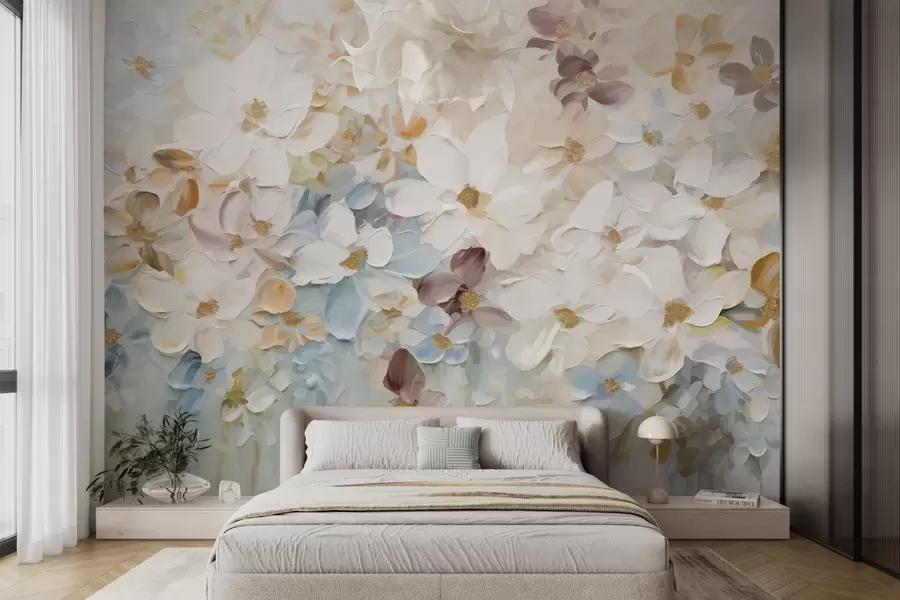 Fototapet Olejomalba imitující květinovou zahradu s bílými, modrými a oranžovými květy, jemné tahy štětcem, pastelové tlumené barvy w09236v1