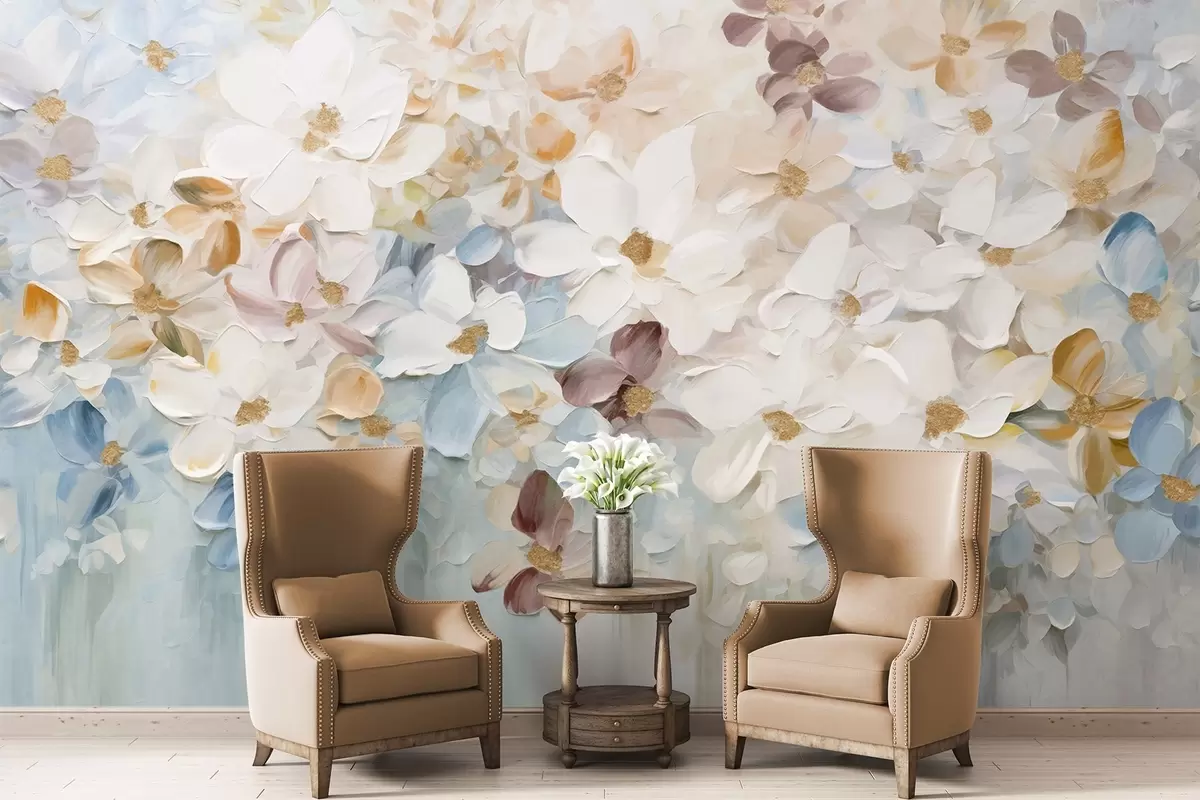 Fototapet Olejomalba imitující květinovou zahradu s bílými, modrými a oranžovými květy, jemné tahy štětcem, pastelové tlumené barvy w09236v1