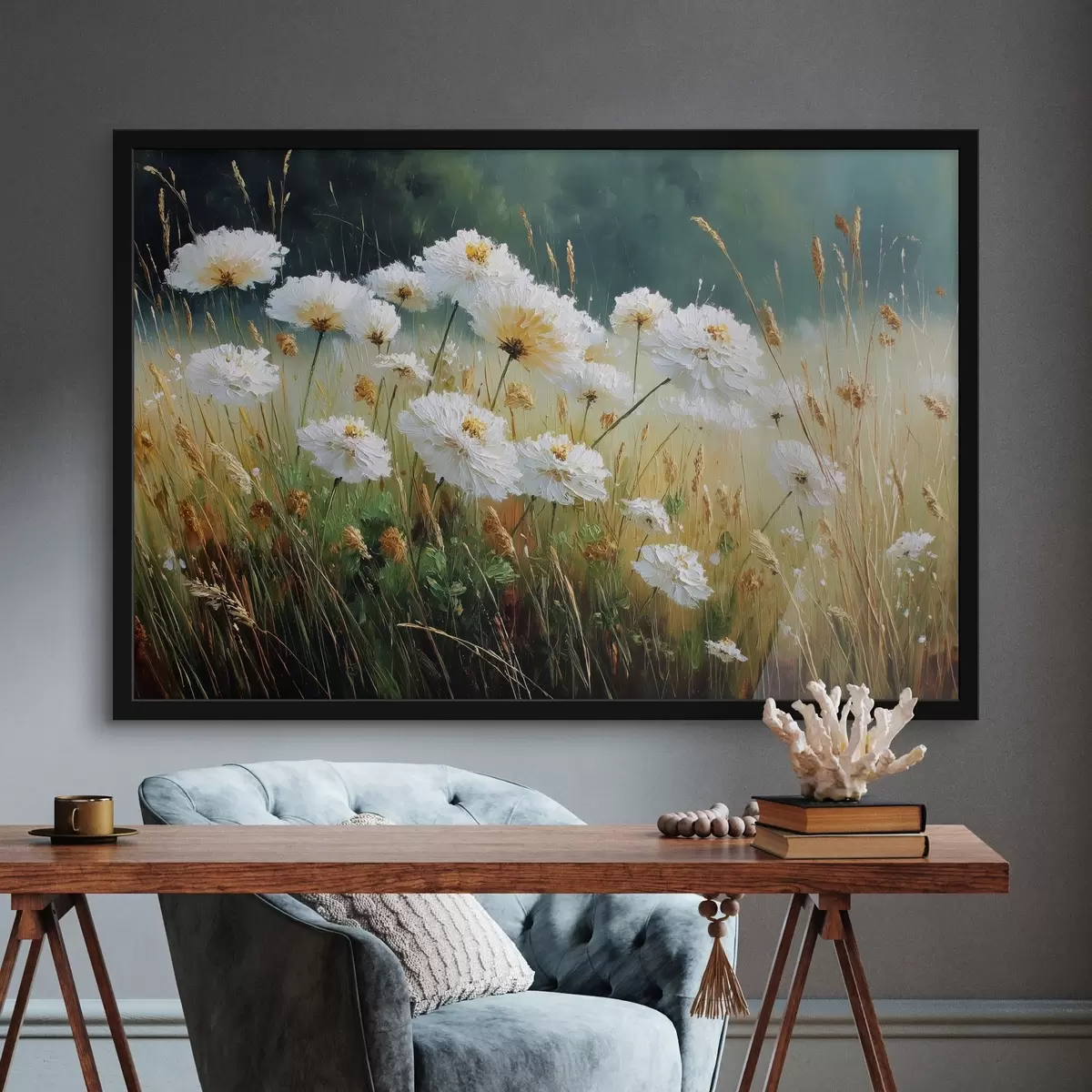 Poster Bílé květy na louce v olejovém stylu f44842