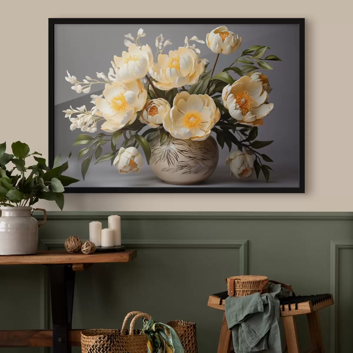 Poster Jemné květiny se žlutými středy ve vzorované váze f44847