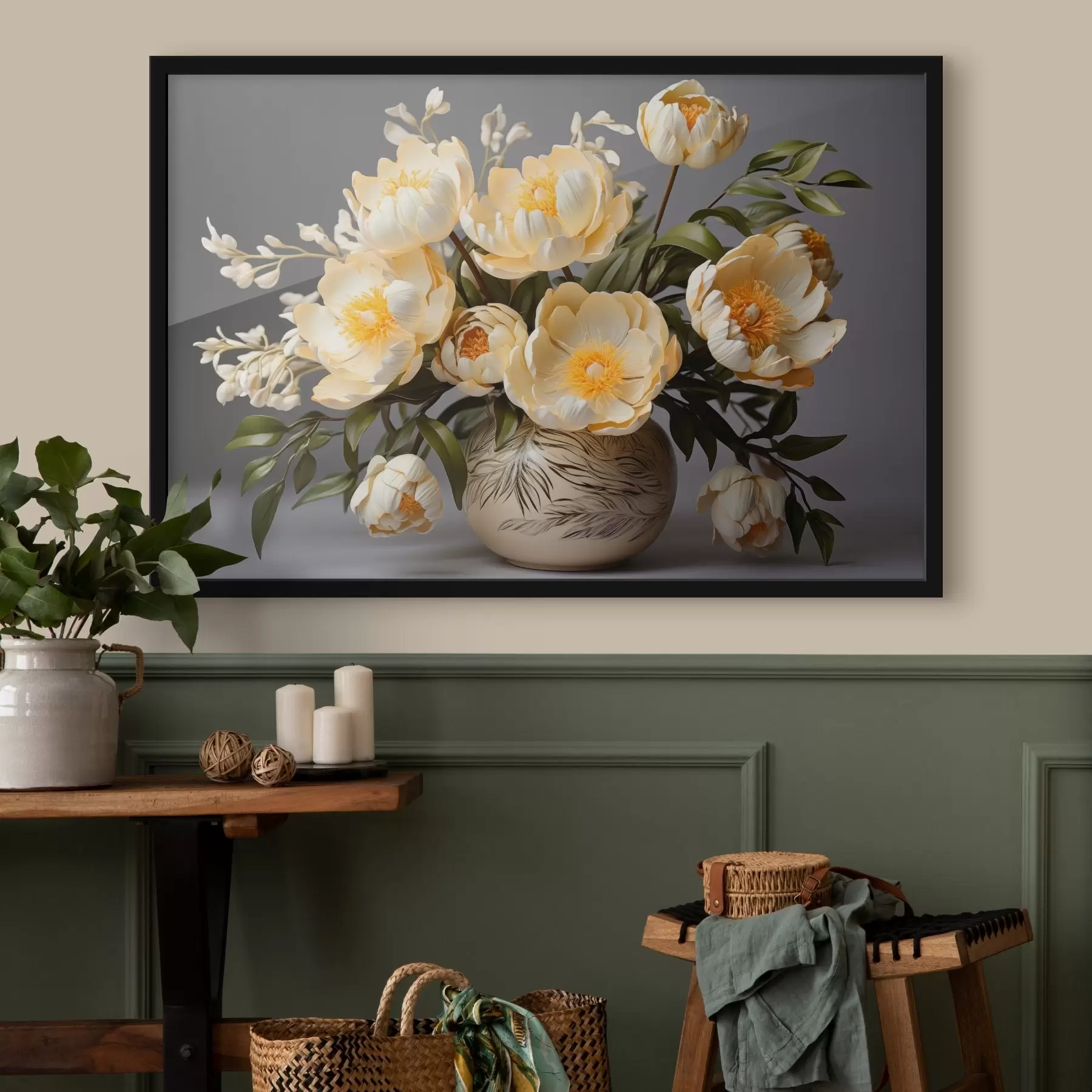 Fototapet Jemné květiny se žlutými středy ve vzorované váze f44847