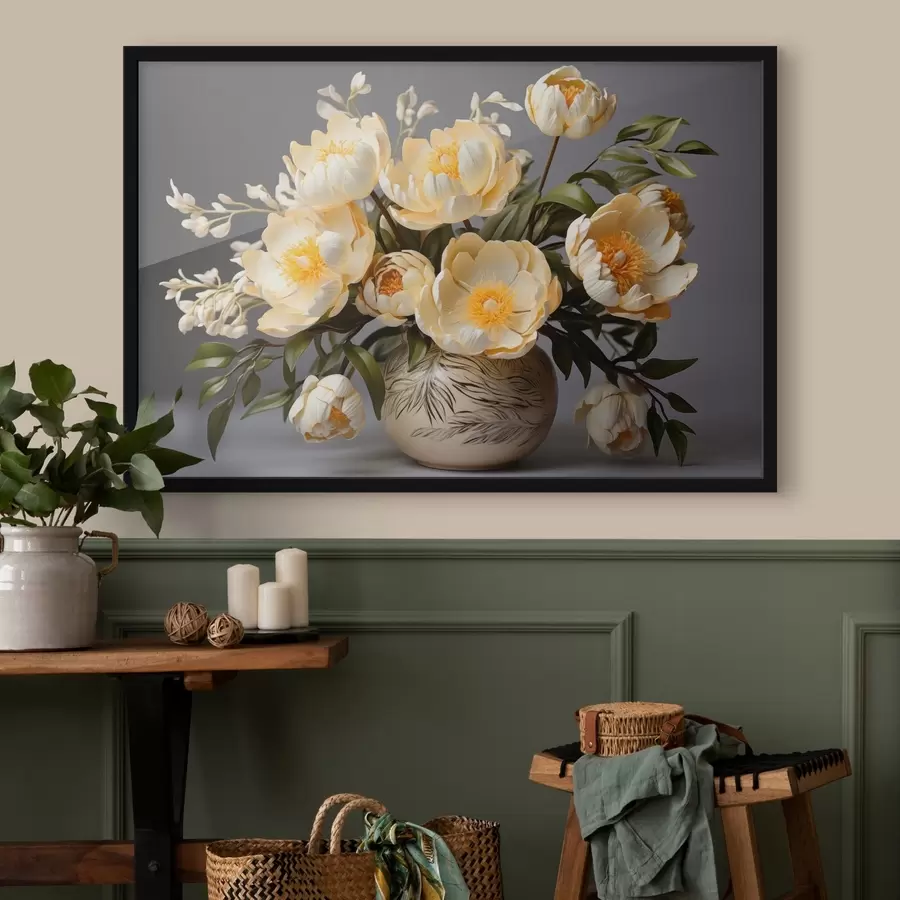 Fototapet Jemné květiny se žlutými středy ve vzorované váze f44847