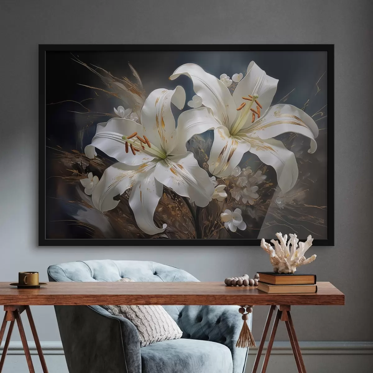 Poster Květy lilie na tmavém pozadí s dekorativními prvky f44848