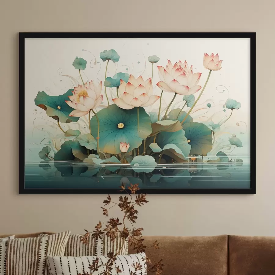 Fototapet Lotosy s velkými listy v ilustračním stylu f44939