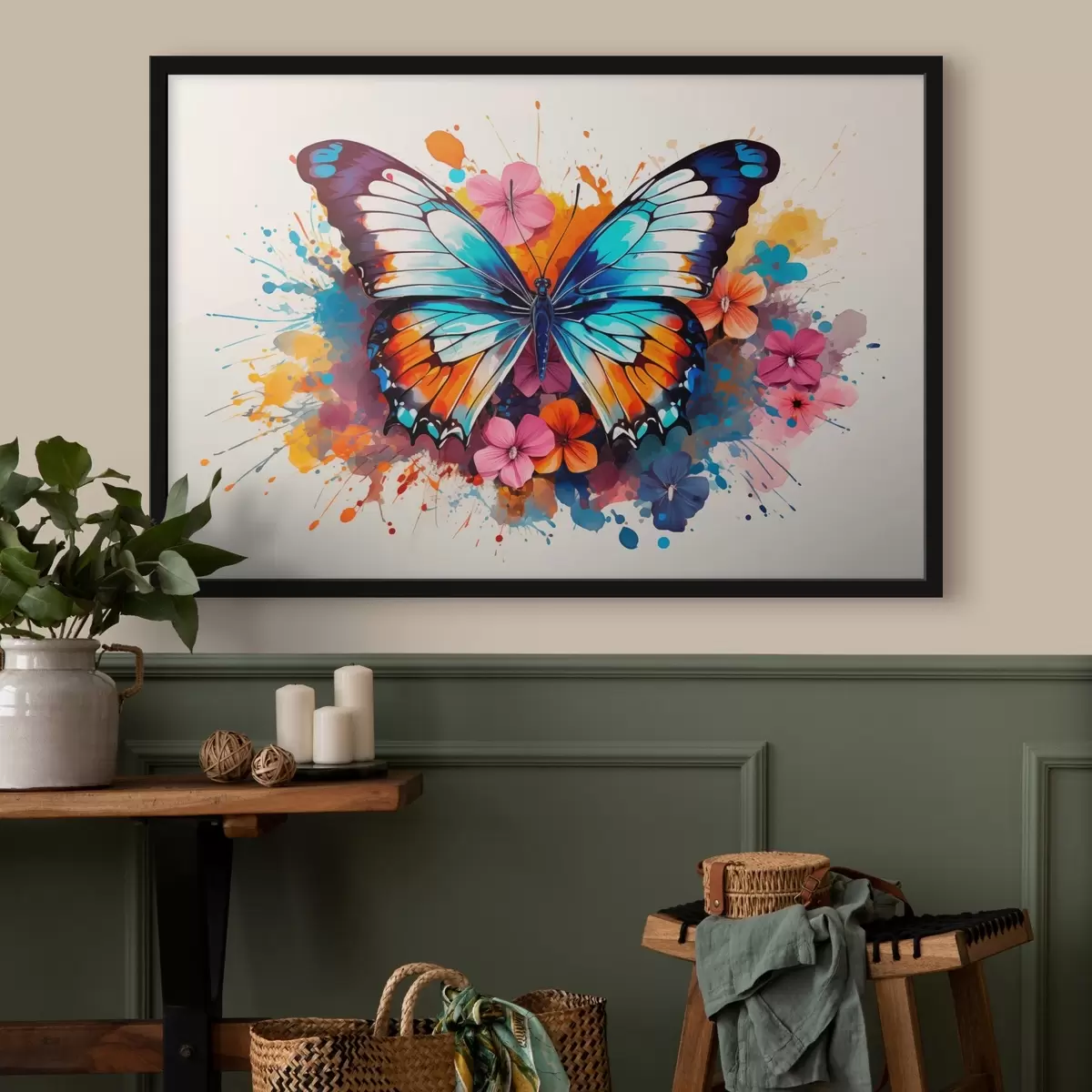 Poster Dynamická kompozice motýla a květinových skvrn v uměleckém stylu f44943