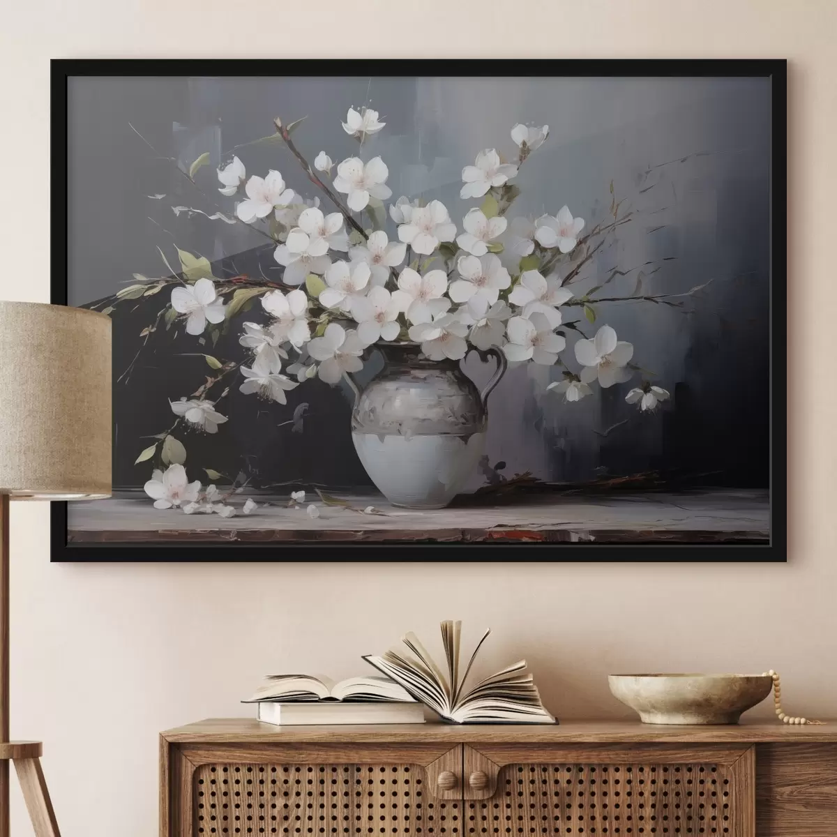 Poster Kvetoucí větve ve váze na tmavém pozadí v malebném stylu f44949