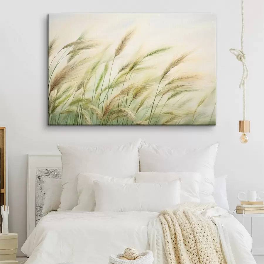 Obraz Pšeničné pole se žlutými a zelenými klasy, jemné tahy štětcem a světlá paleta barev, přírodní atmosféra Č. s44923