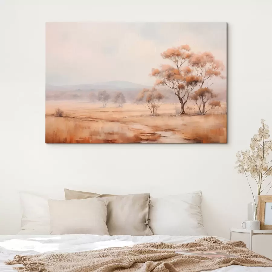 Obraz Pole s oranžovou trávou a stromy s oranžovými listy, hory v pozadí se zataženou oblohou Č. s44927