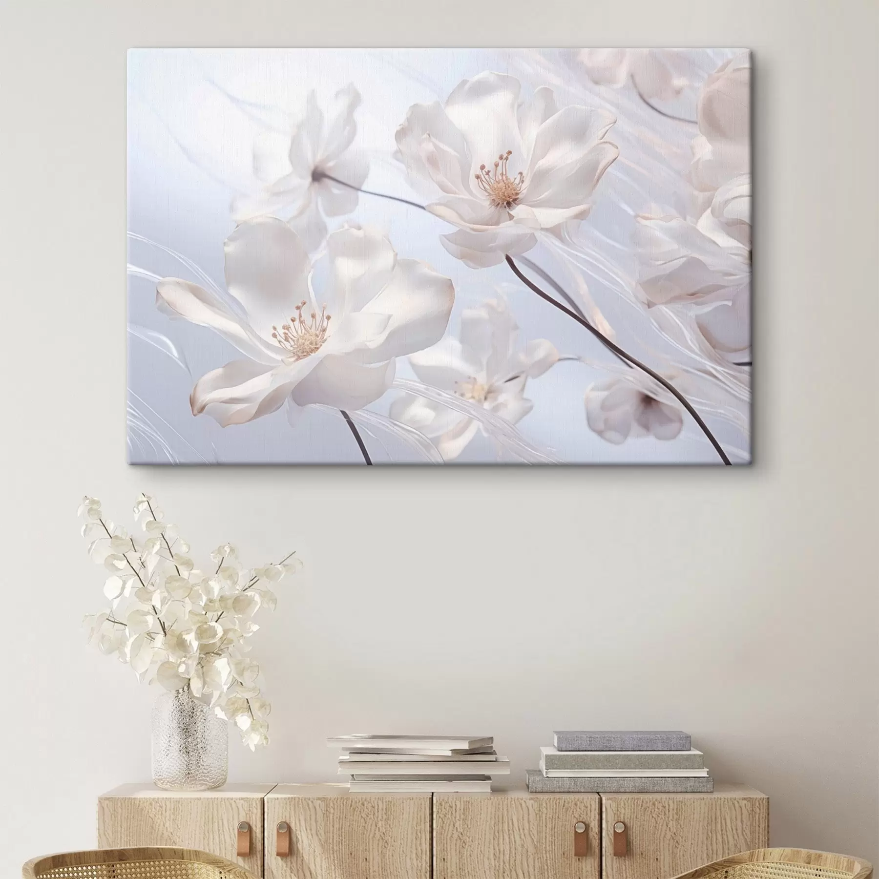 Obraz Bílé květy s průsvitnými okvětními lístky, měkké světle modré pozadí, elegantní, romantické, jemné, zasněné  Č. s44931