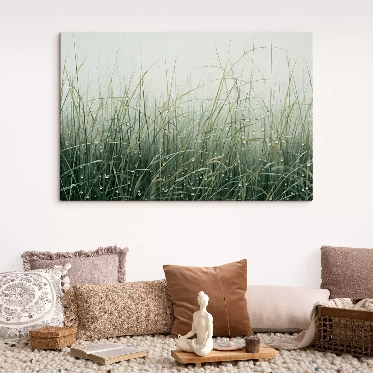 Obraz Tráva s kapkami vody, zelené odstíny, měkké světlo, mlhavé pozadí, abstraktní minimalistický texturovaný styl Č. s44932