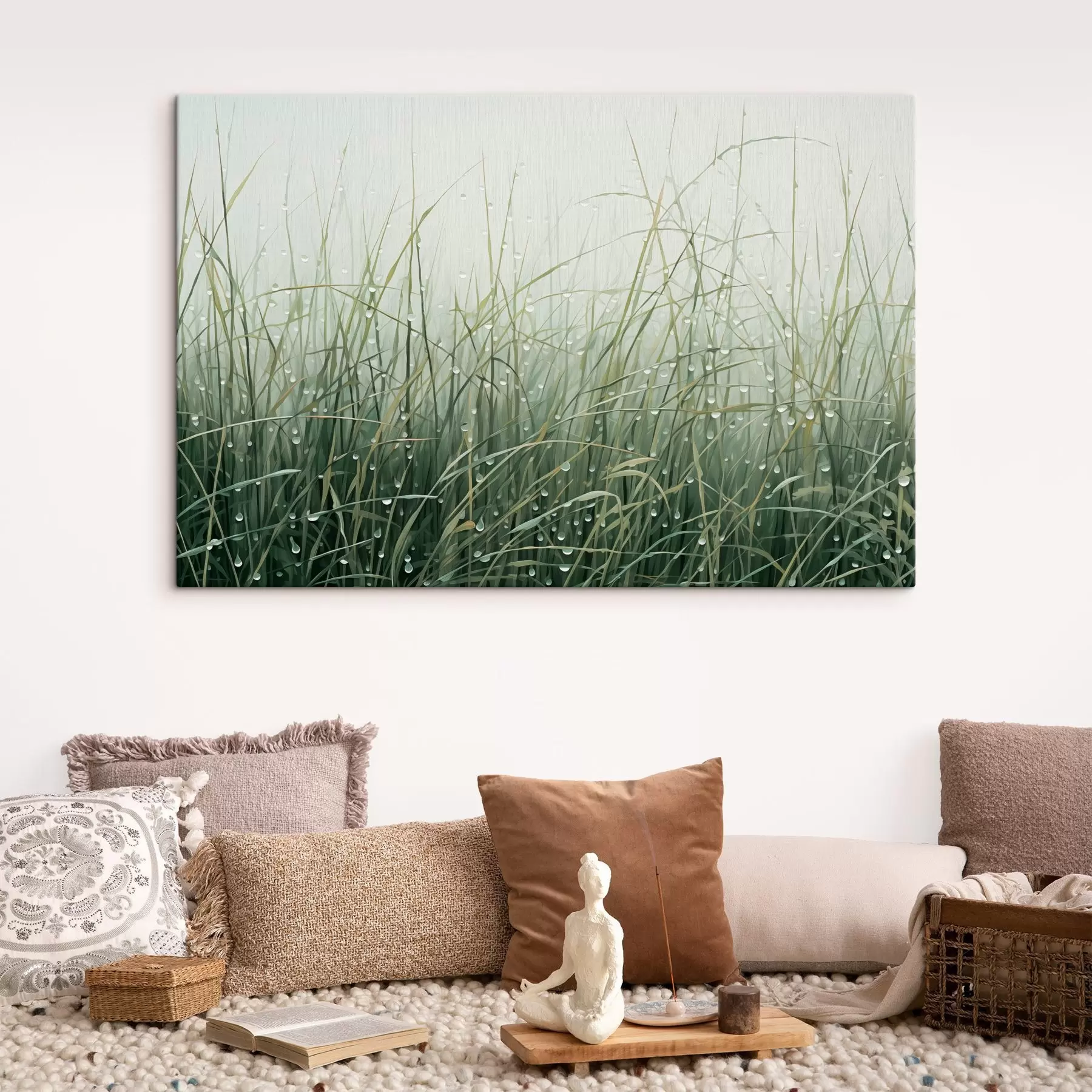 Obraz Tráva s kapkami vody, zelené odstíny, měkké světlo, mlhavé pozadí, abstraktní minimalistický texturovaný styl Č. s44932
