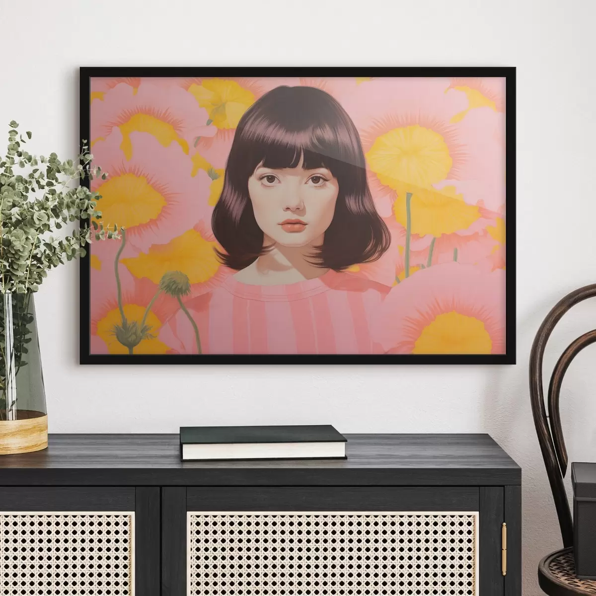 Poster Dekorativní minimalistický portrét asijské dívky v poli žlutých a růžových květů f44924