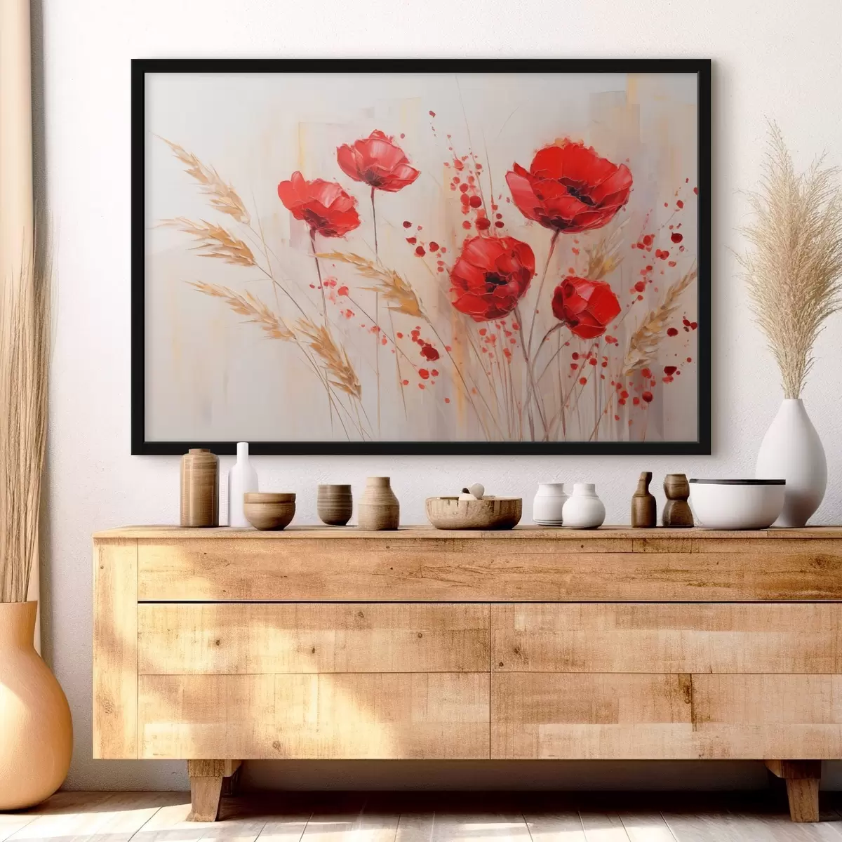 Poster Červené květy máku se žlutými stonky pšenice na měkkém neutrálním pozadí s cákanci červené barvy f44926