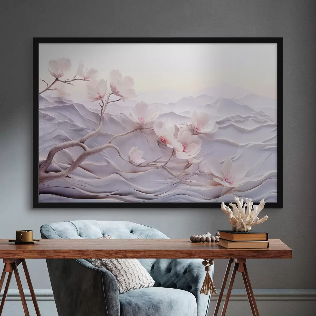 Poster Květinová větev s růžovými květy, hory v pozadí, jemné pastelové barvy, japonské umění s texturou f44930