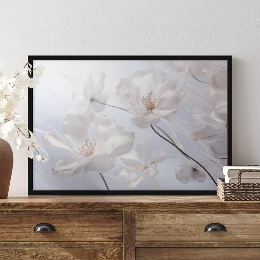 Fototapet Bílé květy s průsvitnými okvětními lístky, měkké světle modré pozadí, elegantní, romantické, jemné, zasněné f44931