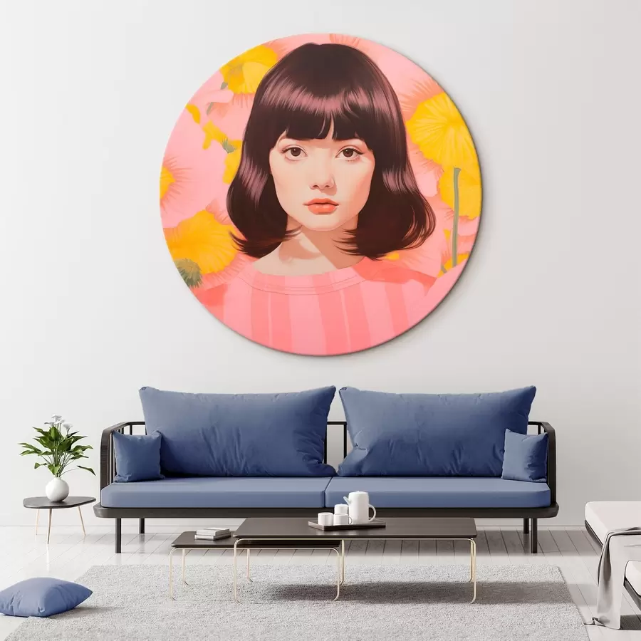 Obraz Dekorativní minimalistický portrét asijské dívky v poli žlutých a růžových květů Č. r44924
