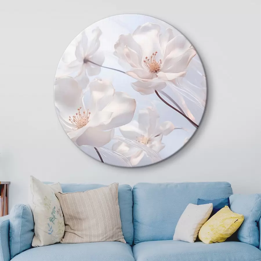 Obraz Bílé květy s průsvitnými okvětními lístky, měkké světle modré pozadí, elegantní, romantické, jemné, zasněné Č. r44931