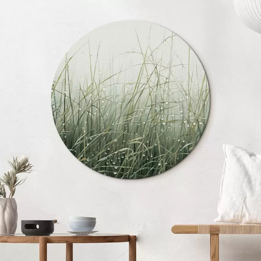 Obraz Tráva s kapkami vody, zelené odstíny, měkké světlo, mlhavé pozadí, abstraktní minimalistický texturovaný styl Č. r44932