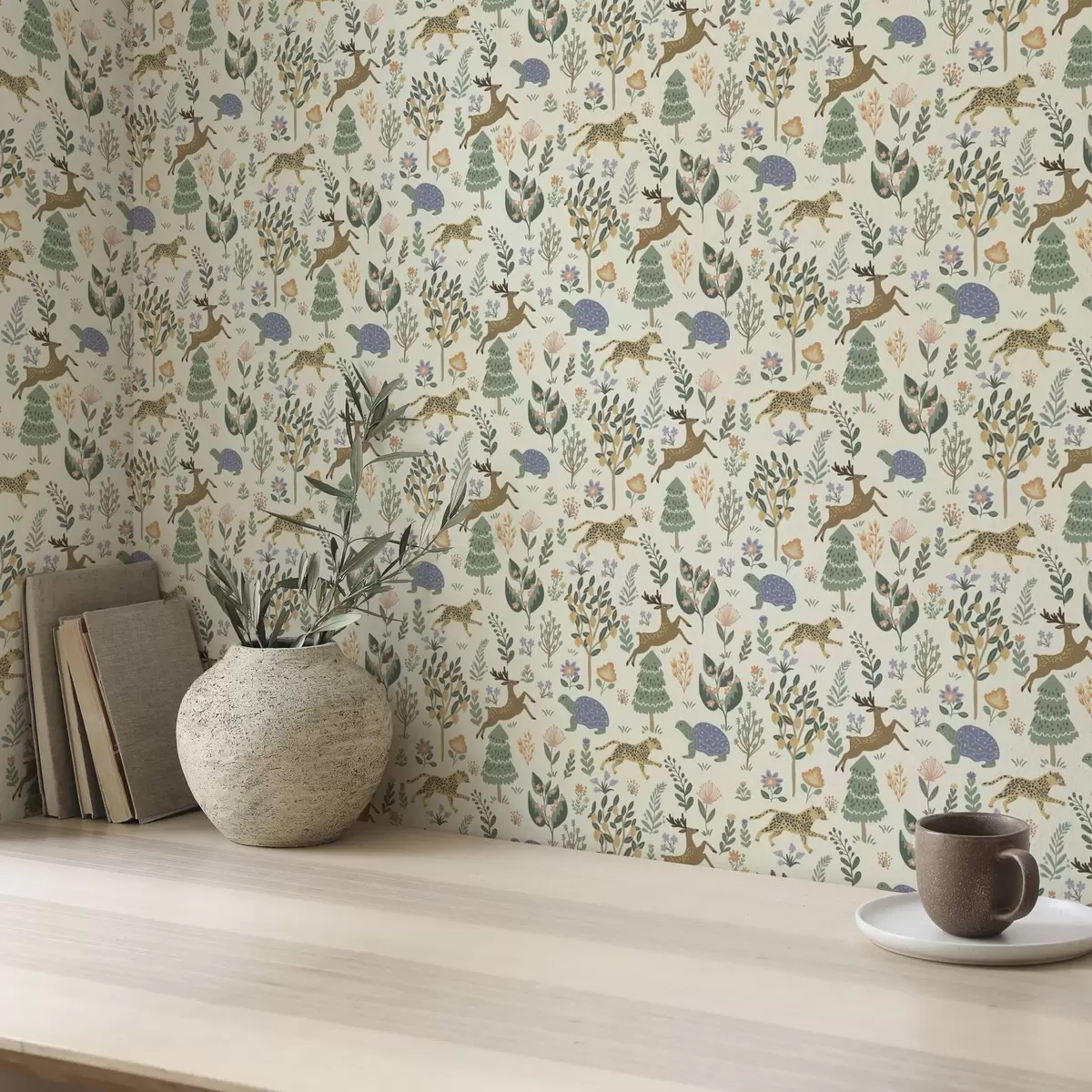 Tapety Retro ilustrace s leopardy, stromy a jeleny a00184