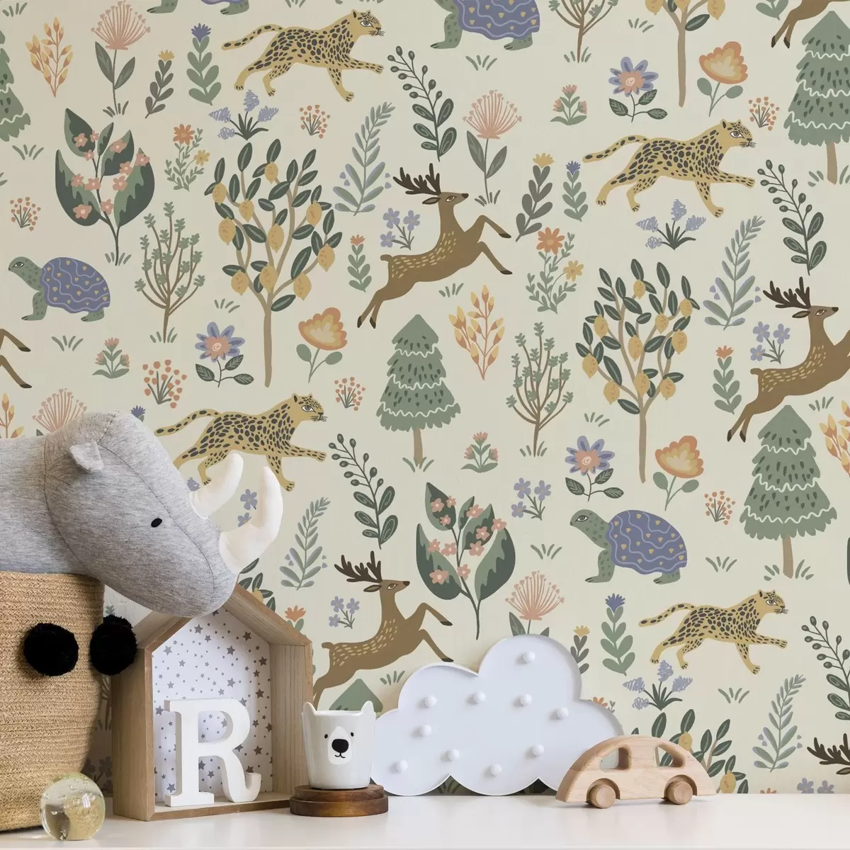 Tapety Retro ilustrace s leopardy, stromy a jeleny a00184