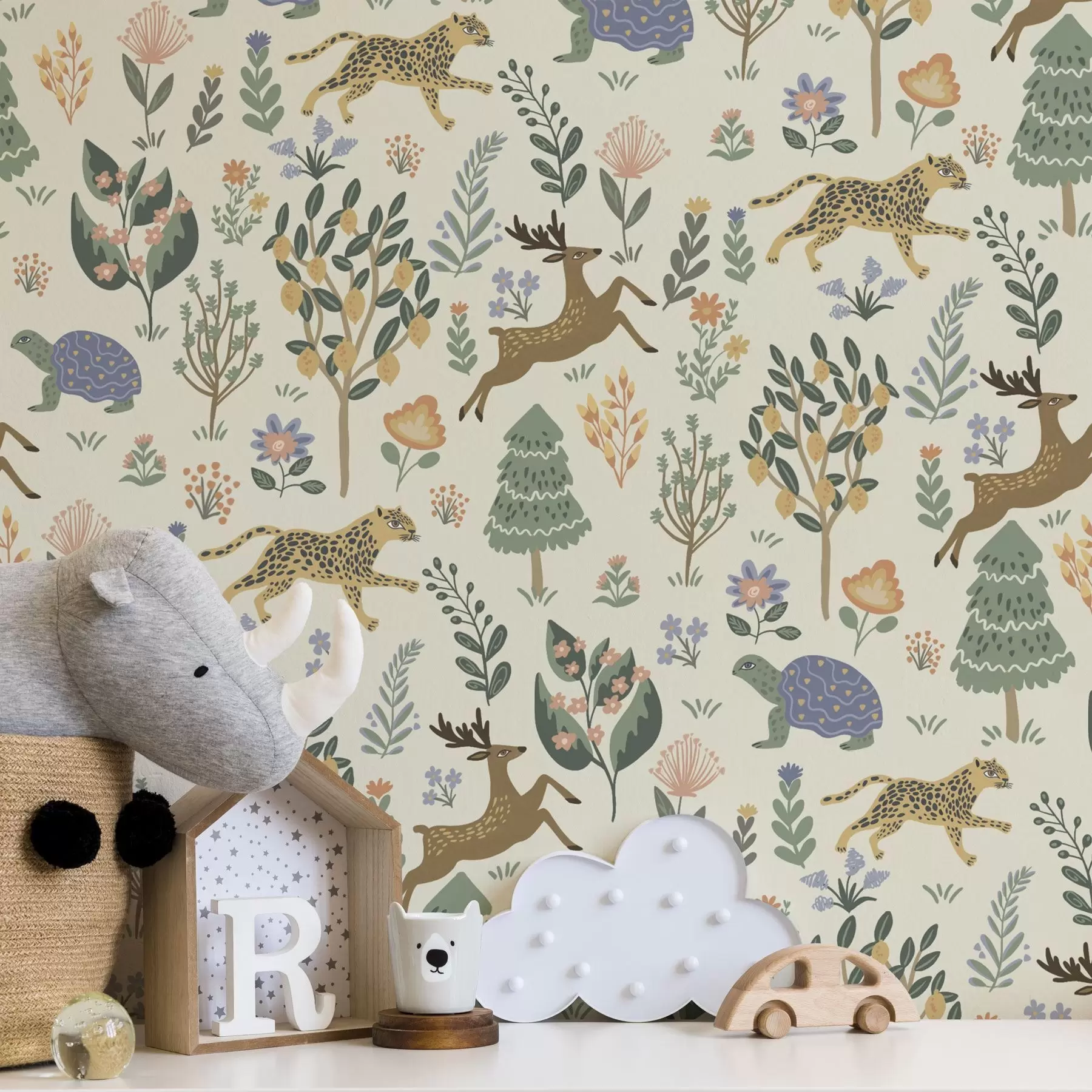 Fototapet Retro ilustrace s leopardy, stromy a jeleny a00184