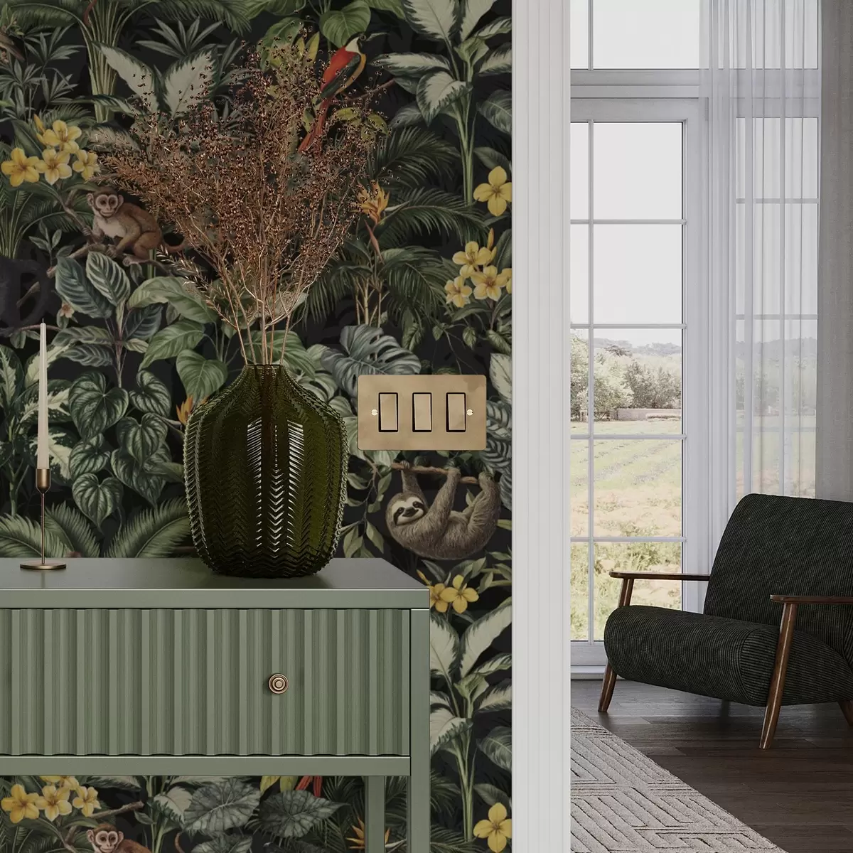 Tapety Tropická džungle s opicemi, ptáky a hustým listovím a00191