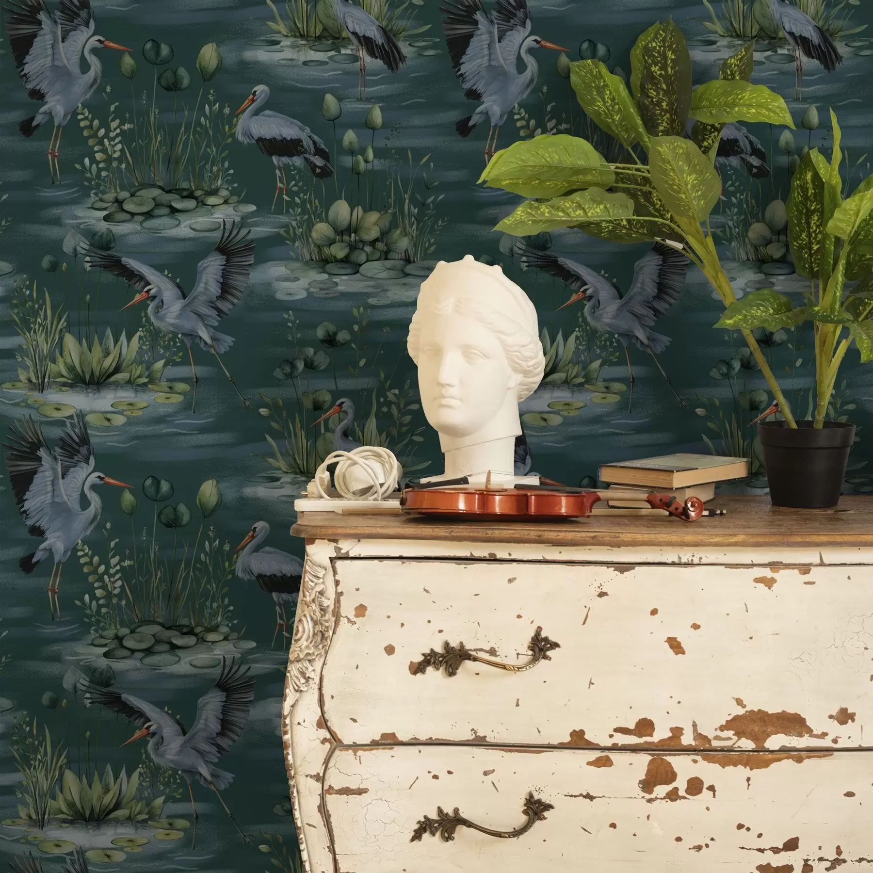 Fototapet Scény s volavkami na pozadí rybníků a leknínů a00202