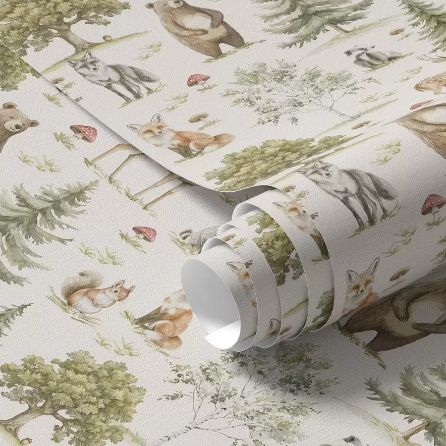 Fototapet Lesní zvířata v jemném akvarelovém stylu, stromy a houby a00212