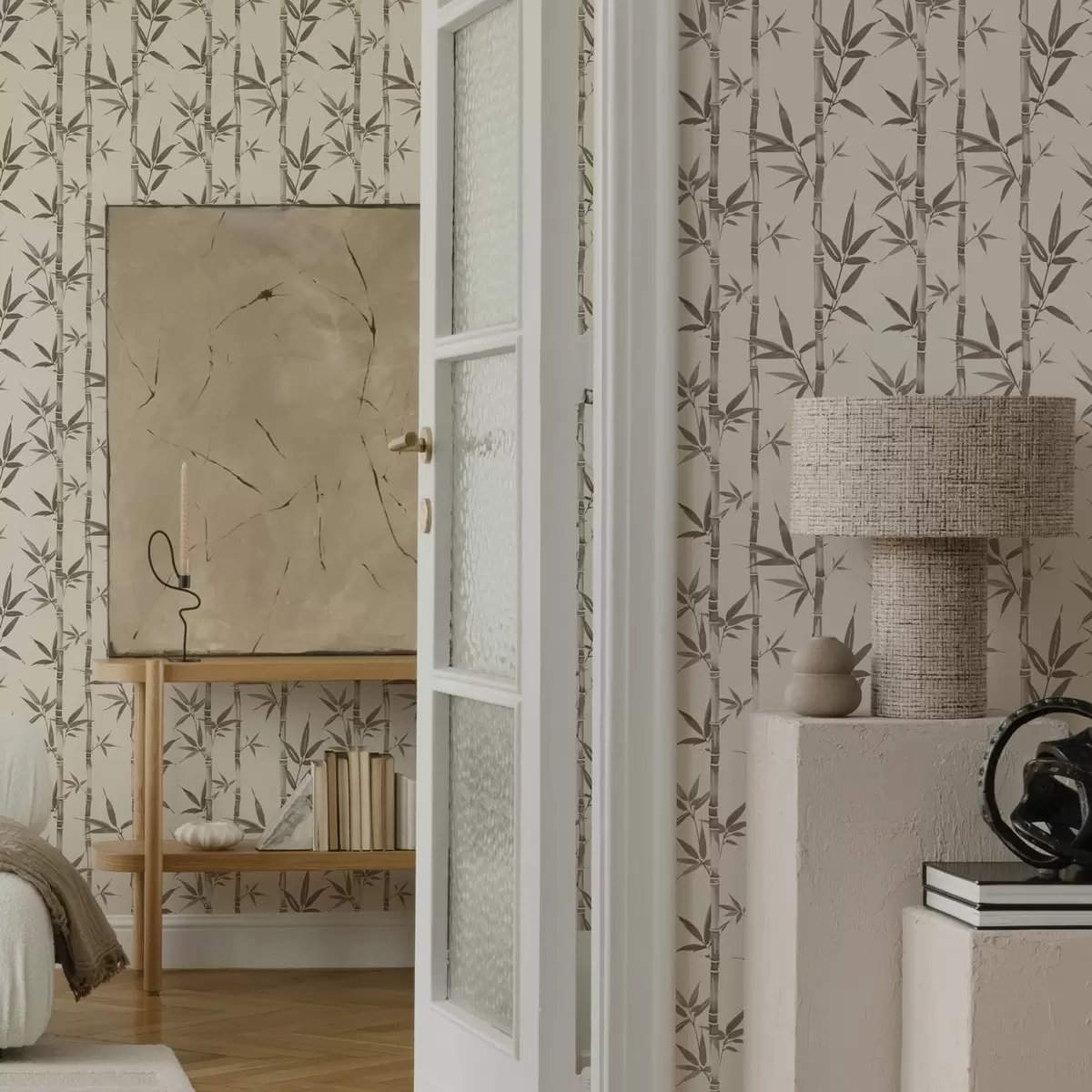Tapety Béžový bambusový vzor s listy v japonském stylu a00236
