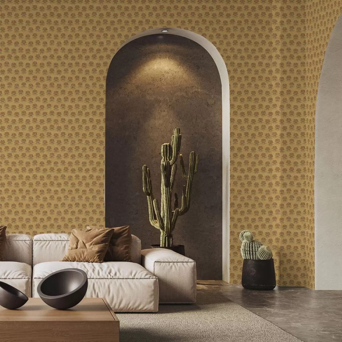 Tapety Retro květinový vzor s lotosy na žlutém pozadí a00238