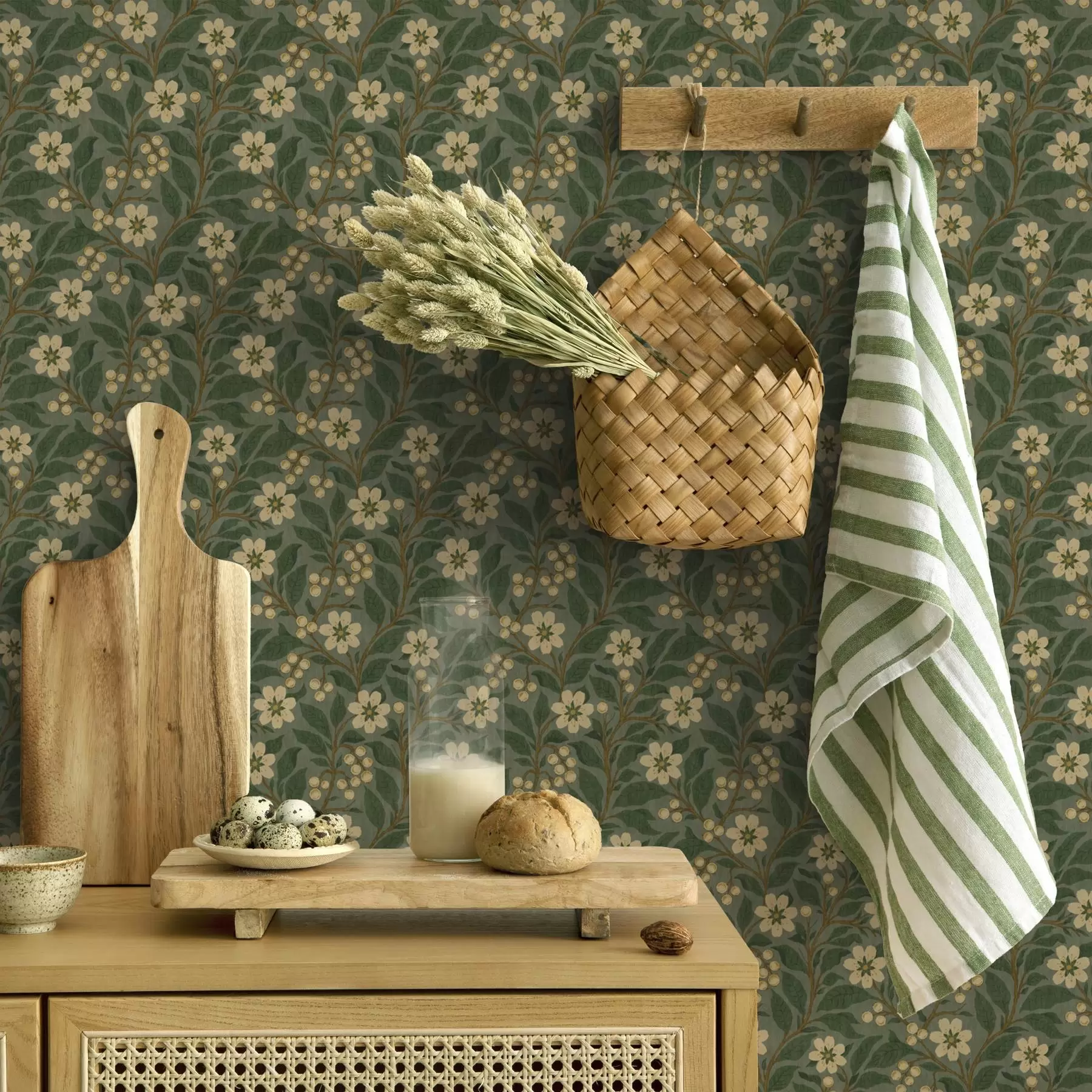 Fototapet Žluté květy a bobule na zeleném pozadí a00242