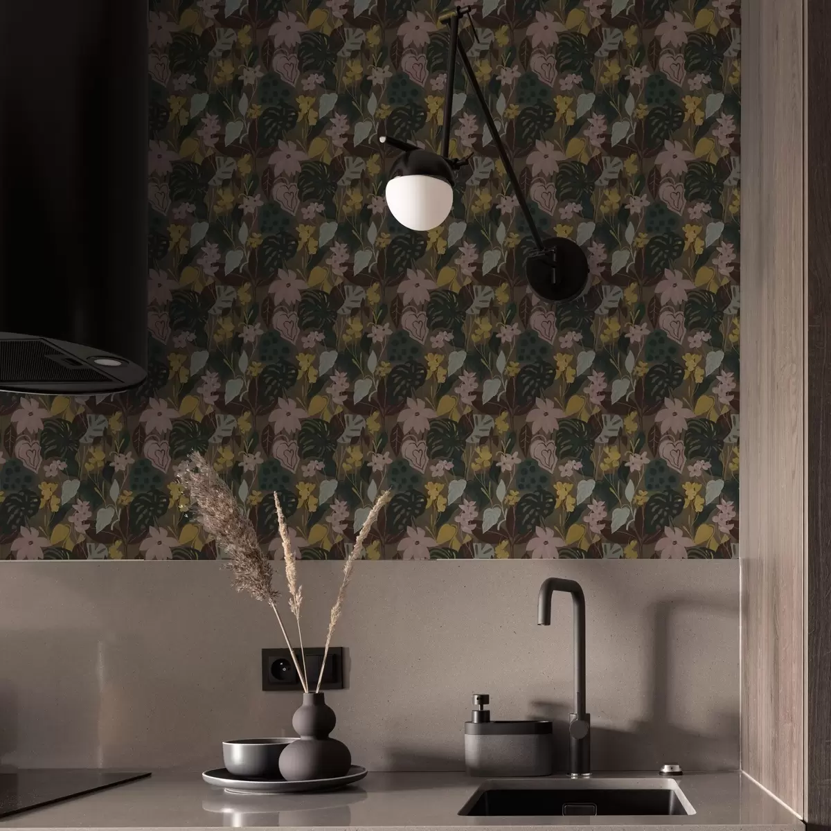 Tapety Tmavé tropické listy a květy v husté malbě husté malby a00244