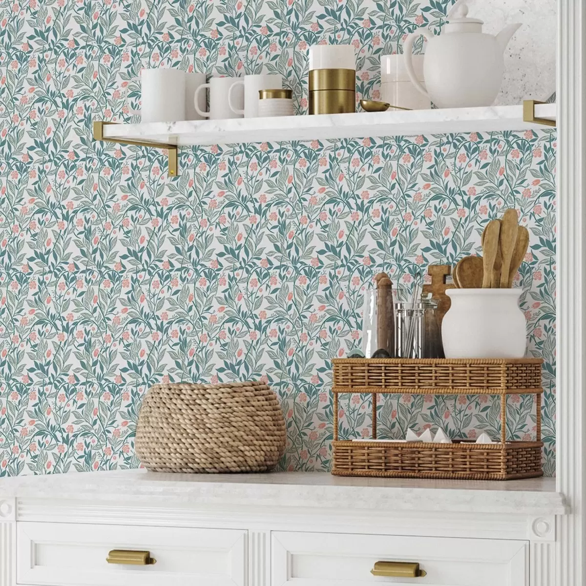 Tapety Svěží vzor s korálovými květy a listy a00247