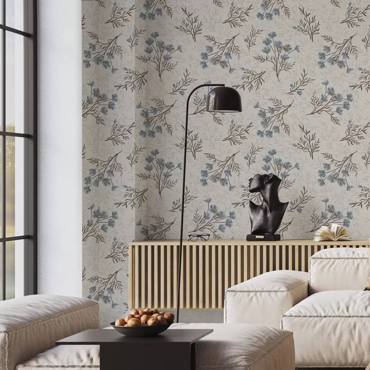 Tapety Modré květy a světlé větve na bílém pozadí a00265v1