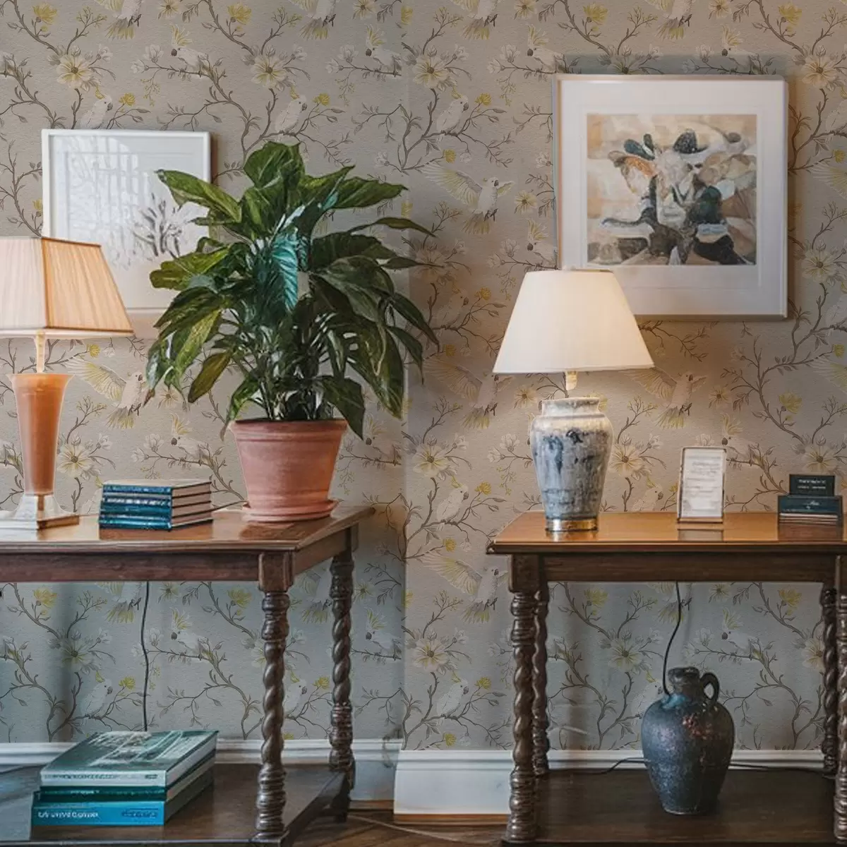 Tapety Papoušci a žluté květy na světlém pozadí a00270