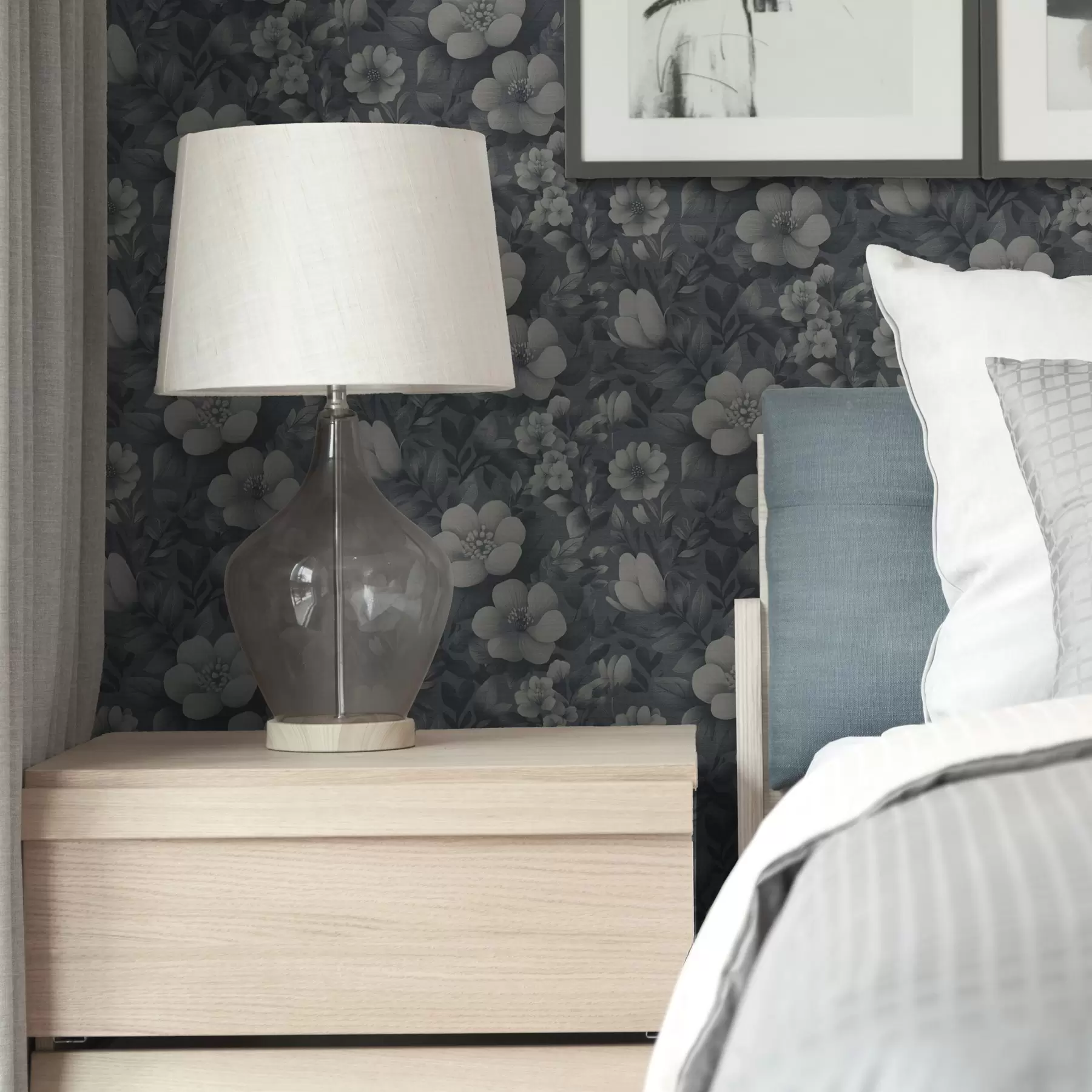 Fototapet Tmavě modrý vzor s objemnými bílými květy a00282