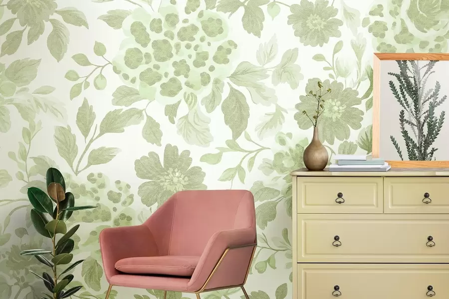 Fototapet Květiny v boho stylu s leopardím potiskem, zelená barva w04114v2