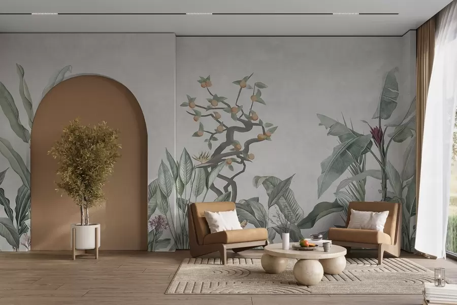 Fototapet Tropické rostliny s oranžovým stromem na světlém pozadí w04201