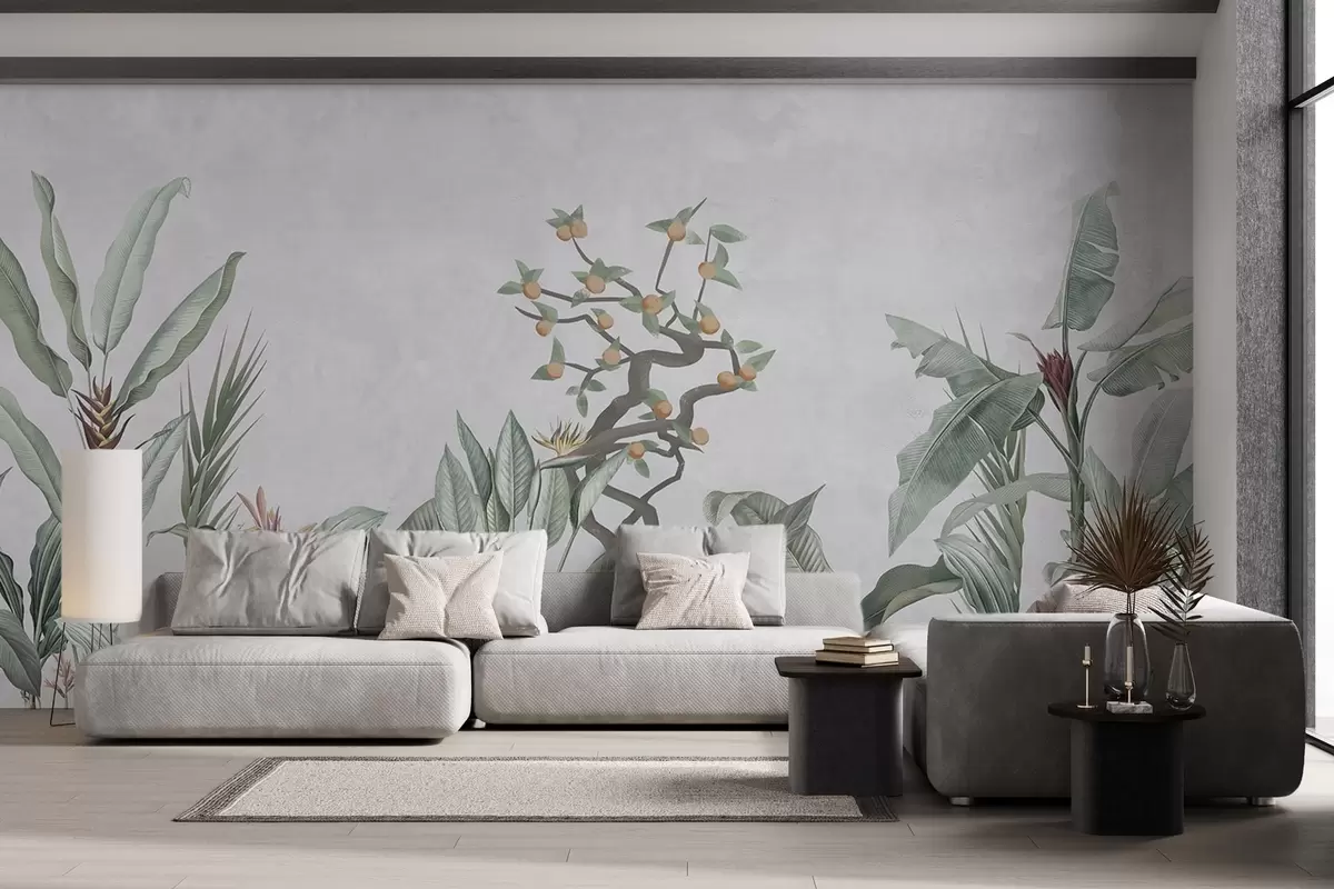 Fototapet Tropické rostliny s oranžovým stromem na světlém pozadí w04201