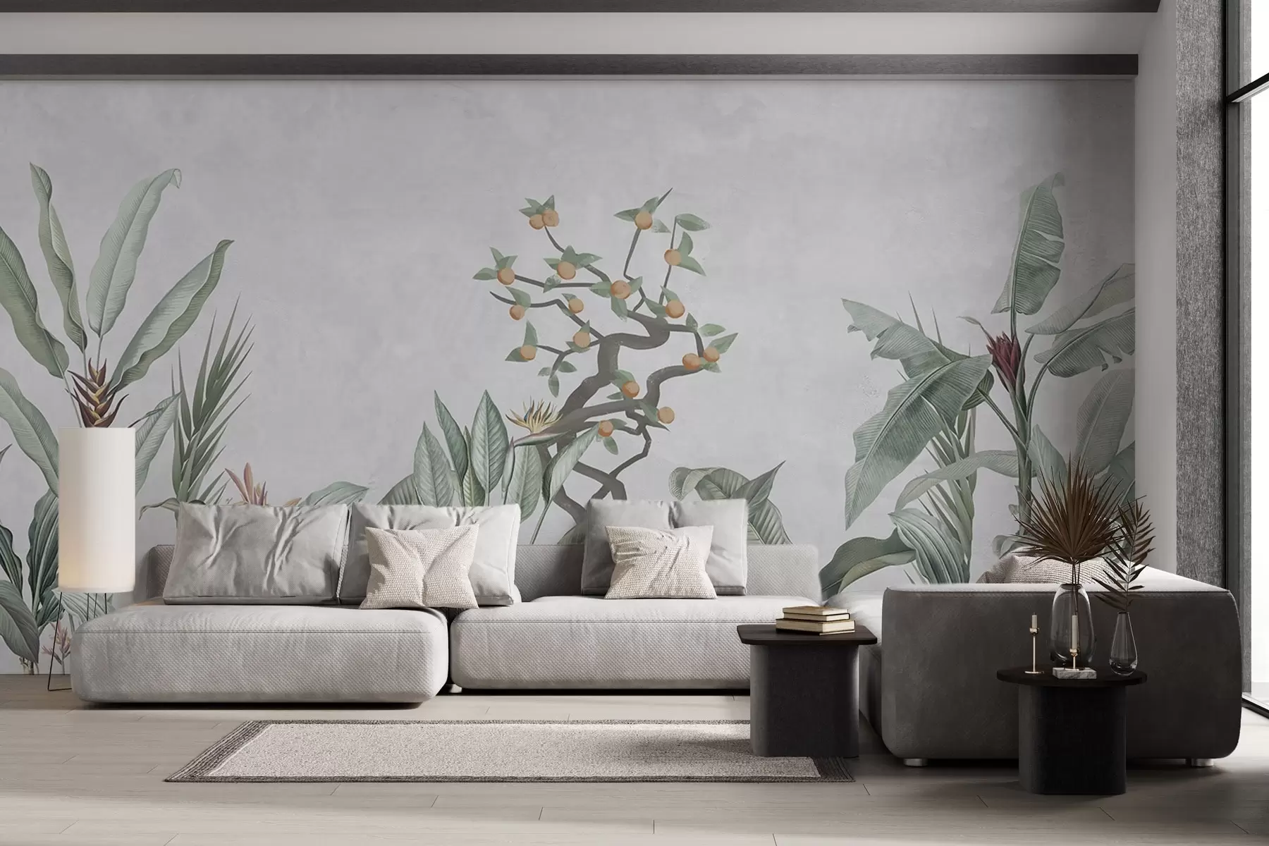 Fototapet Tropické rostliny s oranžovým stromem na světlém pozadí w04201