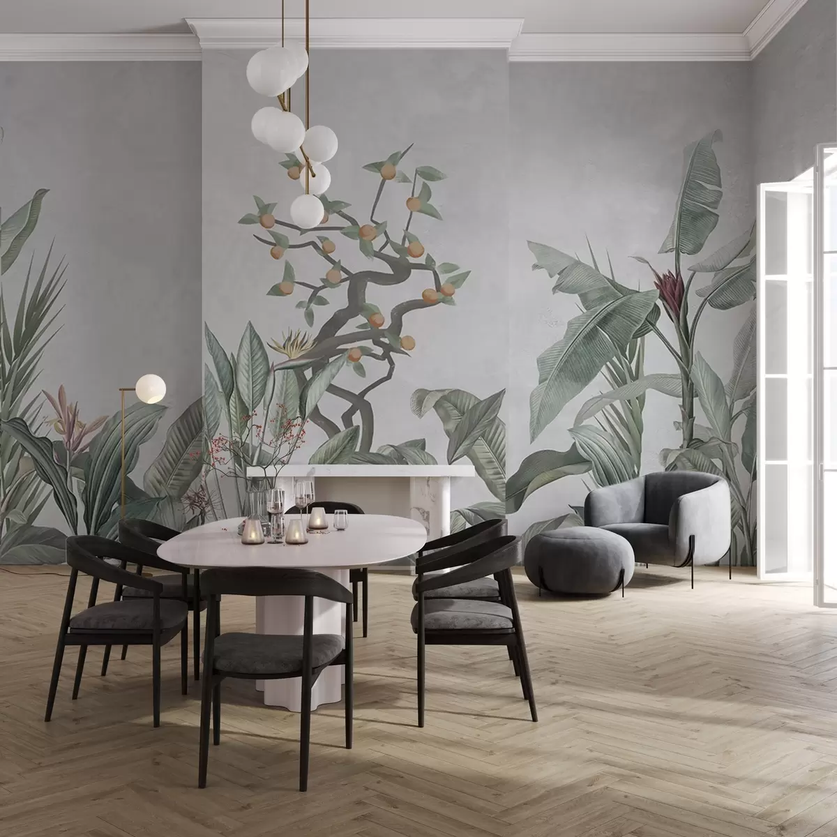 Fototapet Tropické rostliny s oranžovým stromem na světlém pozadí w04201