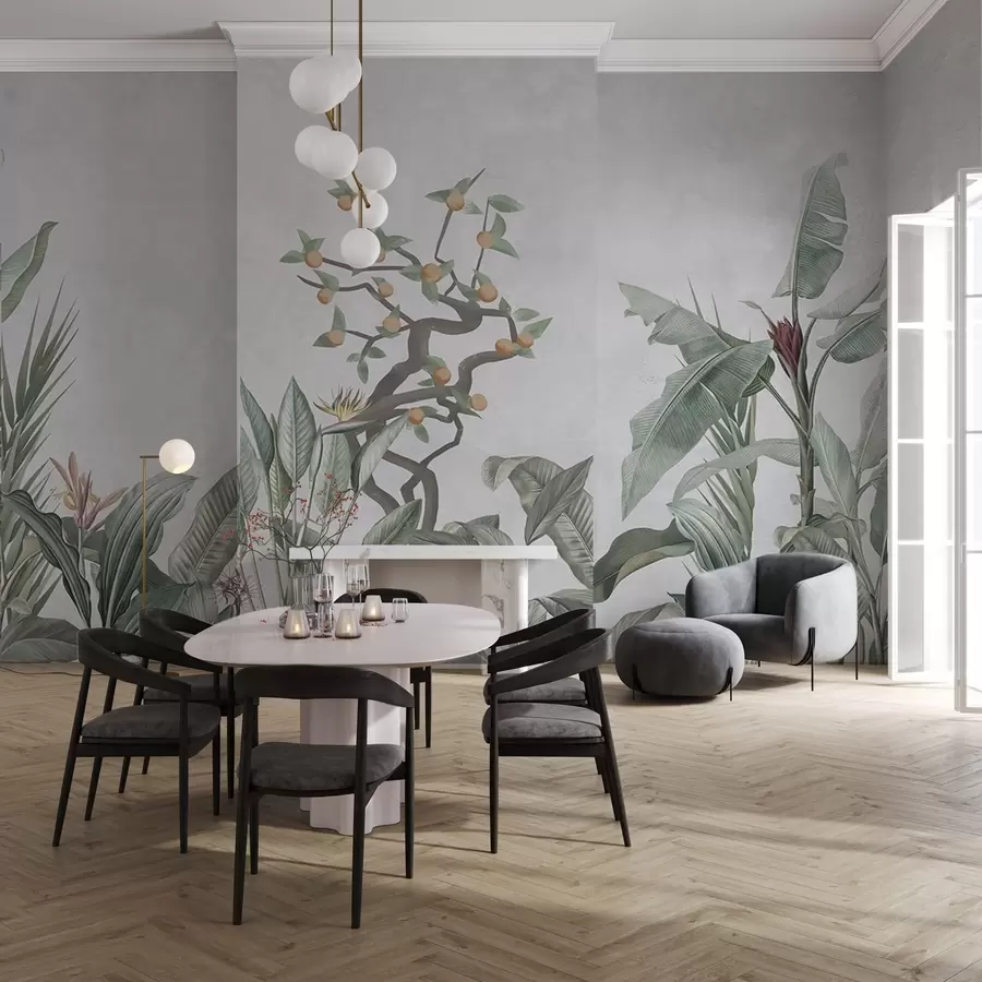 Fototapet Tropické rostliny s oranžovým stromem na světlém pozadí w04201