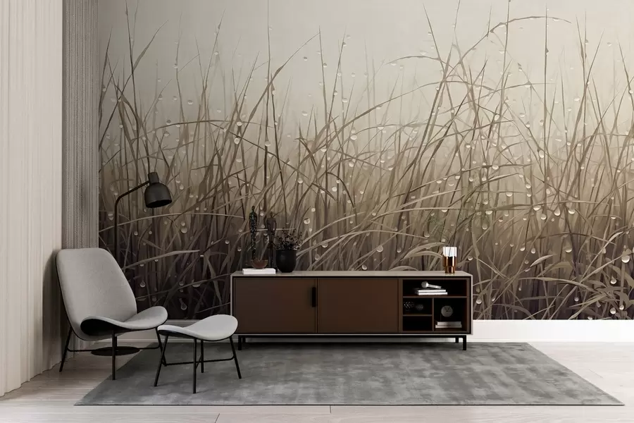 Fototapet Tráva s kapkami vody, tlumené hnědé odstíny, měkké světlo, mlhavé pozadí, abstraktní minimalistický texturovaný styl w09217v1