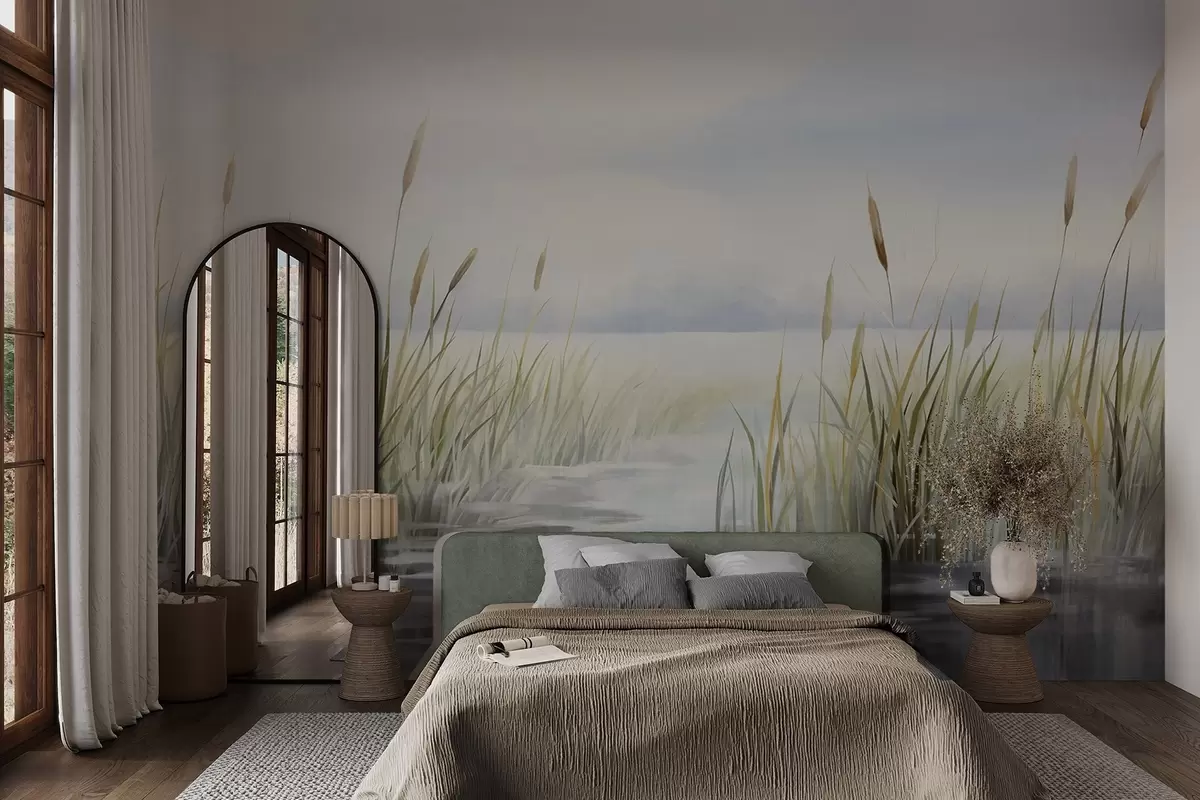 Fototapet Akvarelová malba s texturou imitující krajinu s jezerem, trávou, zataženou oblohou a rozmazaným pozadím w09219