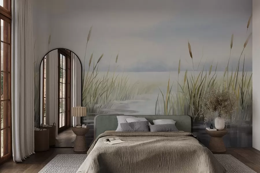 Fototapet Akvarelová malba s texturou imitující krajinu s jezerem, trávou, zataženou oblohou a rozmazaným pozadím w09219