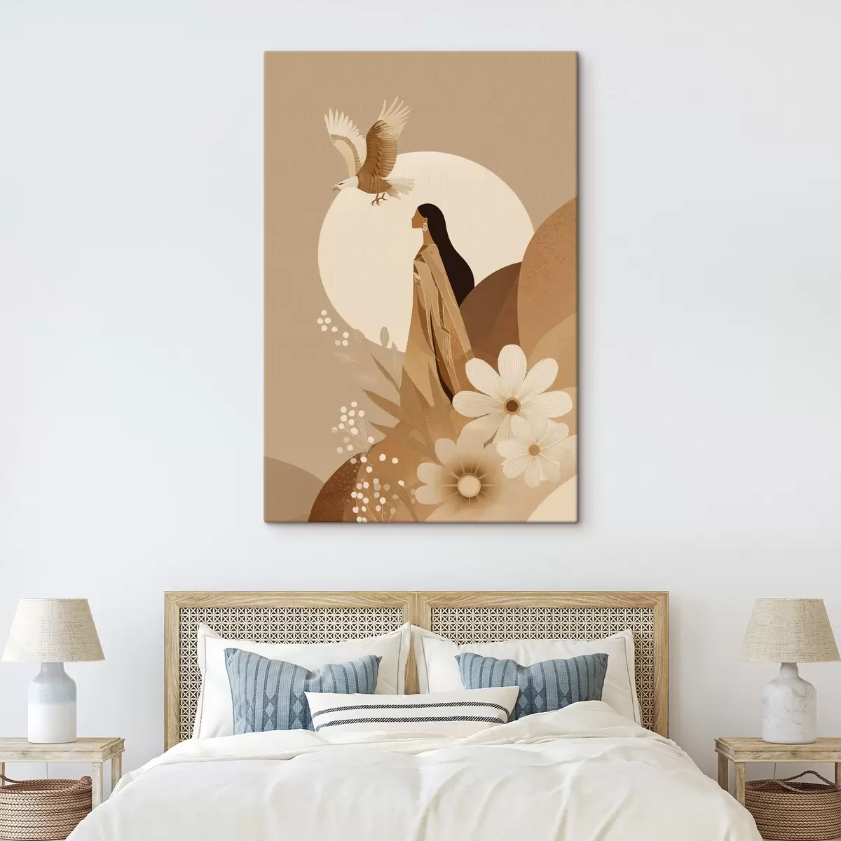 Obraz Abstrakce s ženou a orlem na obloze, béžové barvy Č. s44978
